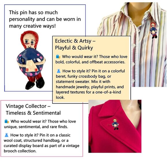 Vintage Handmade Clay Pin Raggedy Ann Inspired Folk Art Whimsical Brooch 1.5 in. - Picture 4 of 9